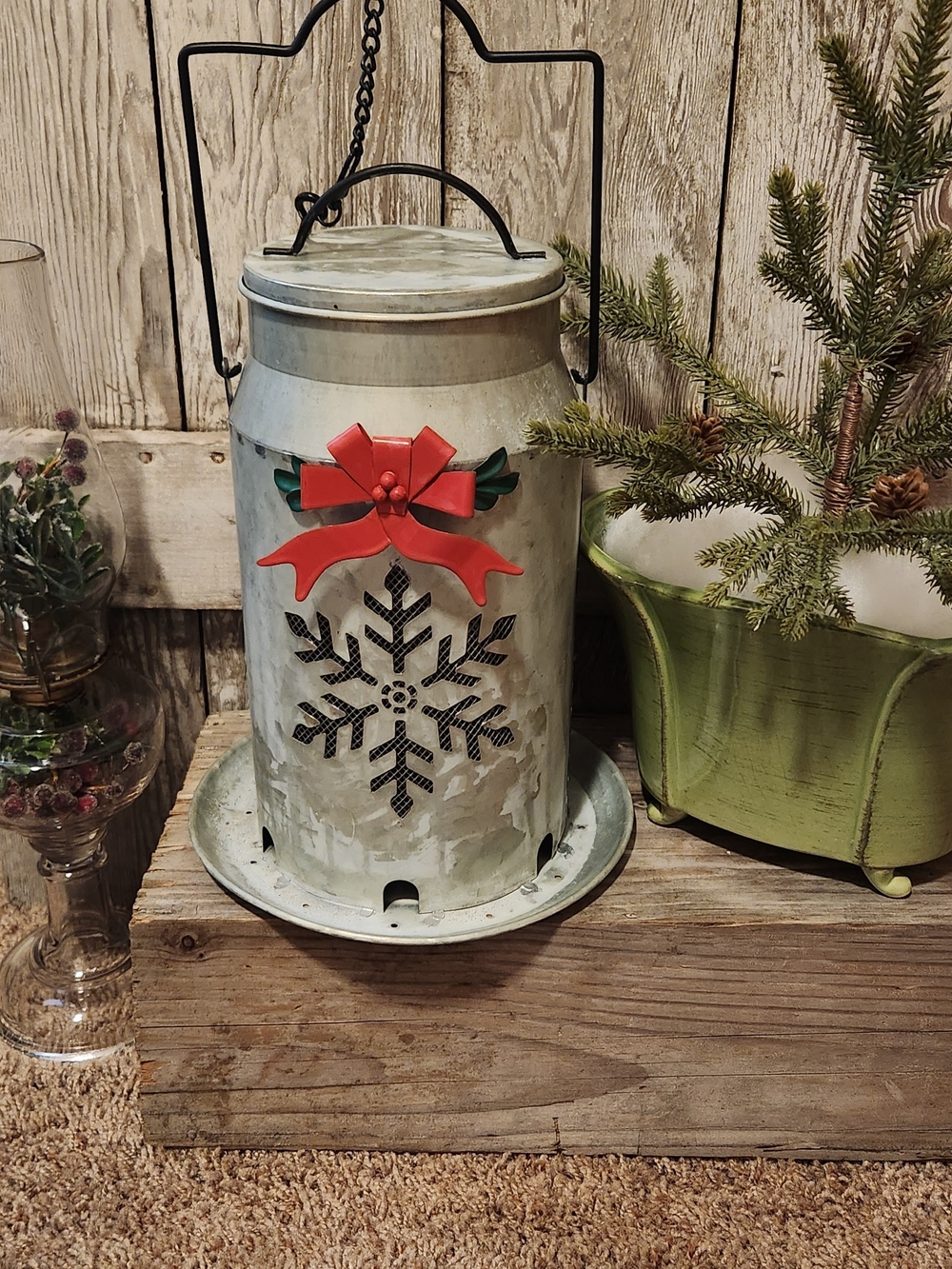 Vintage-Style Metal Holiday BIRD FEEDER with Red Bow, Snowflake Screens.